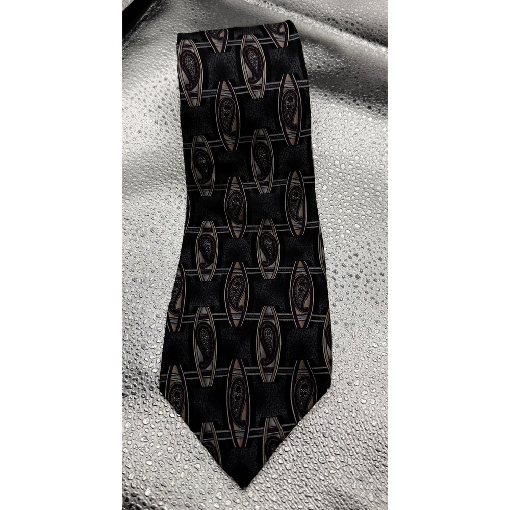 Halston Mens Silk Necktie Black Grey Geometric Paisley !00%Italian Silk Made USA